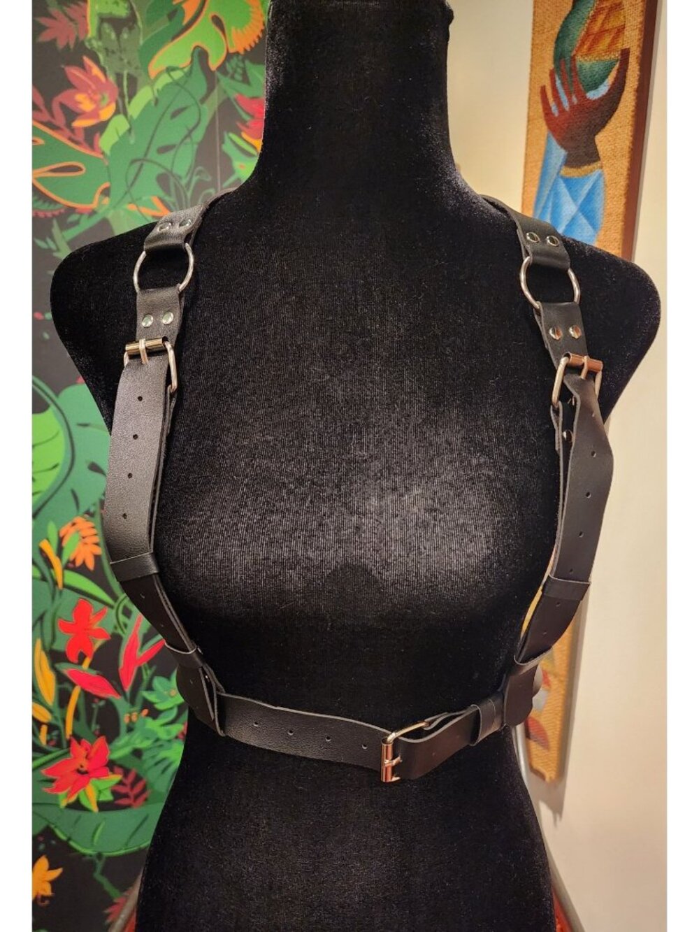 Black Faux Leather Adjustable Chest Harness With Metal Buckles & Rings Unisex